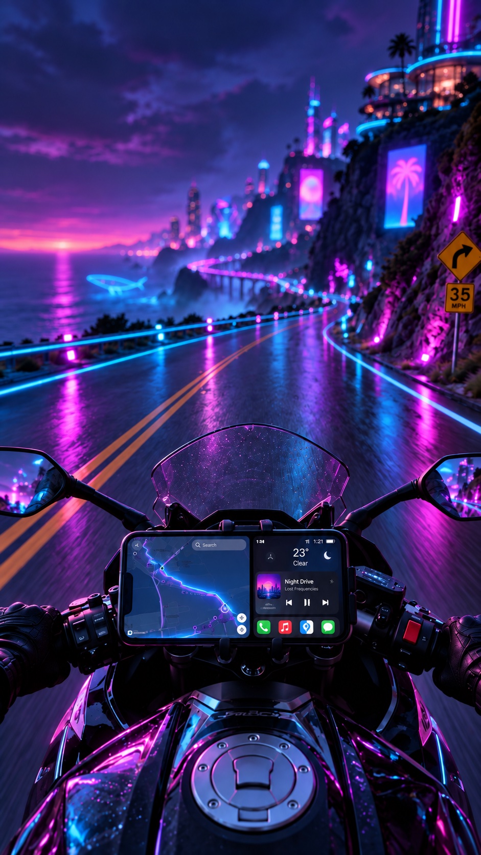 骑手视角：车把手机上运行着 MotoGo 夜间导航与音乐控制